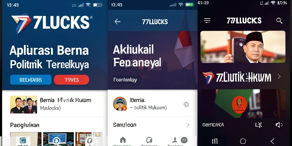 Antarmuka aplikasi 77LUCKS menampilkan berita politik dan hukum.