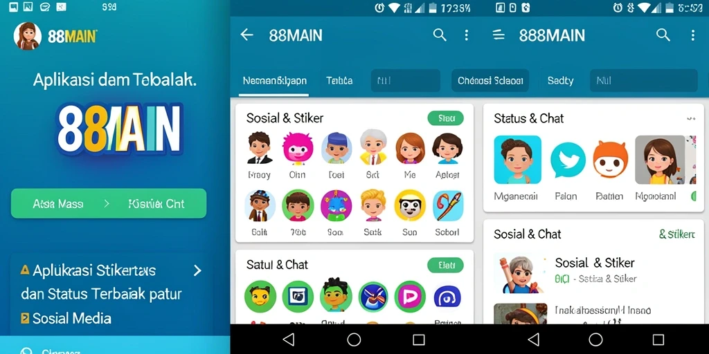 Screenshot antarmuka aplikasi 88MAIN menampilkan berbagai stiker dan status.