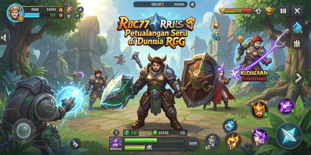 Antarmuka RICIS77 yang menampilkan karakter dan pertempuran RPG.